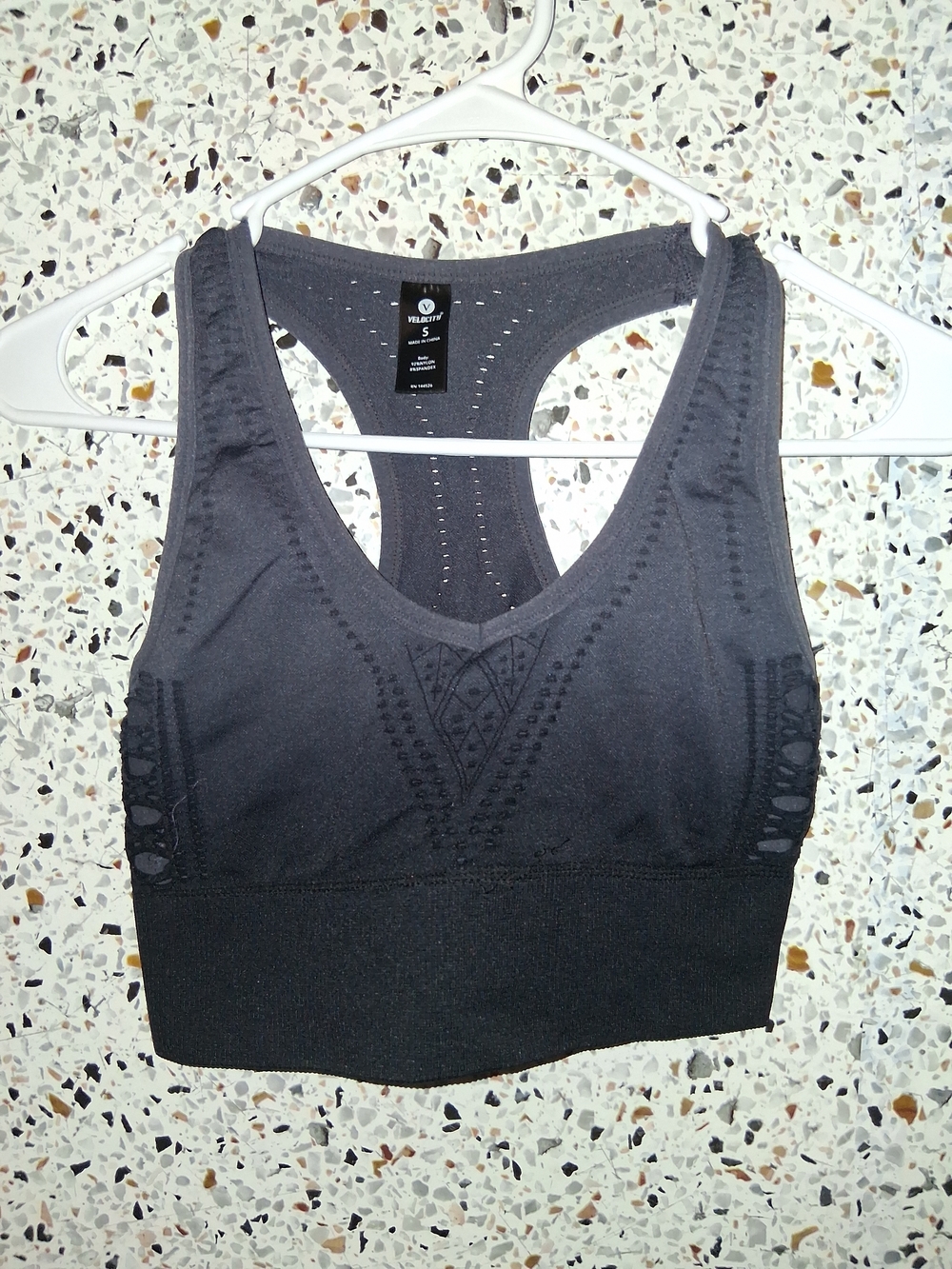 Velocity Black Seamless Racerback Sports Bra with Lace Stitching